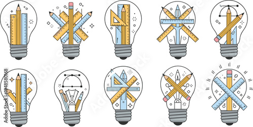 Set of creative light bulb vectors with pencils rulers and drafting tools for graphic design architecture and innovative education concepts isolated on white background.
