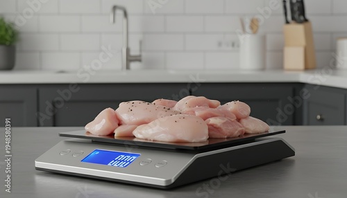 Raw Chicken Breasts on Digital Kitchen Scale in Modern Kitchen