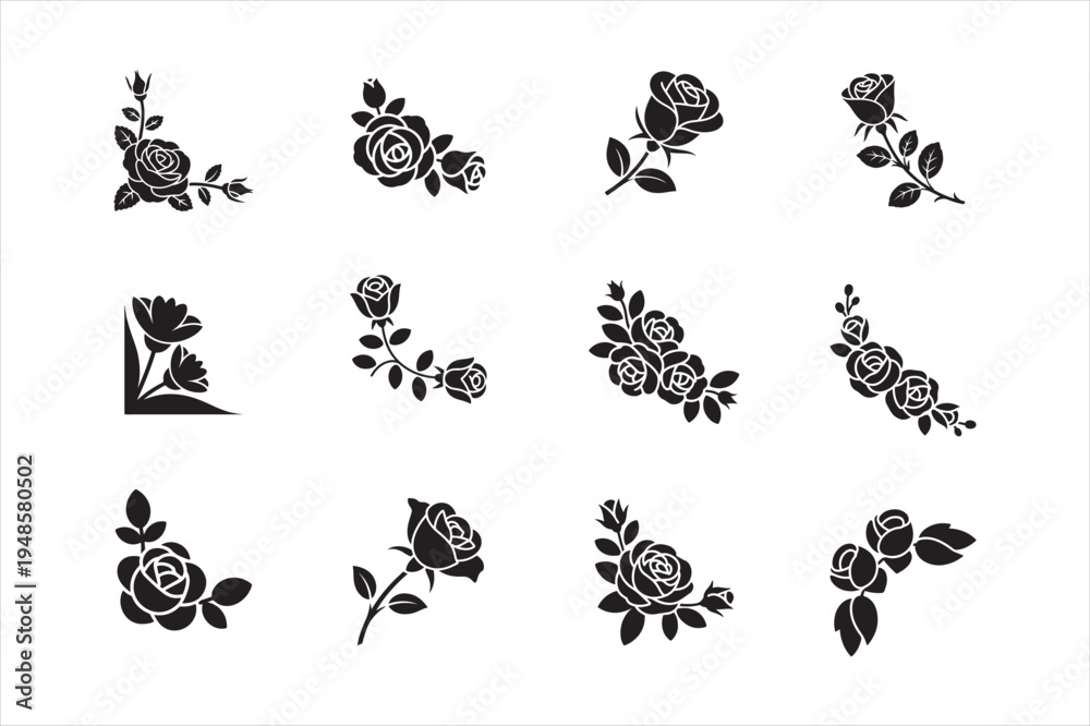 Fototapeta premium Set of detailed rose corner silhouette vector ornamental floral corner artistic design 