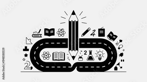 A black and white vector graphic illustration of a road forming a loop with a large pencil in the center surrounded by various education related icons and symbols.