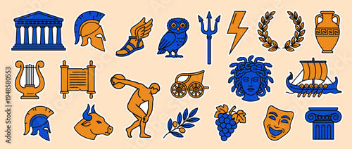 Ancient Greek Icon Set: A vibrant collection of iconic symbols representing the rich culture, mythology, and art of ancient Greece.