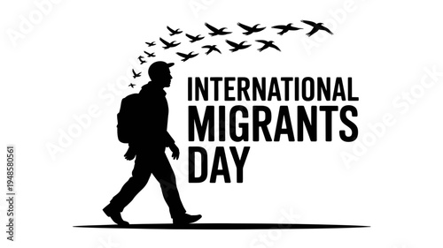 A vector graphic illustration of a man walking with birds flying above him, symbolizing International Migrants Day