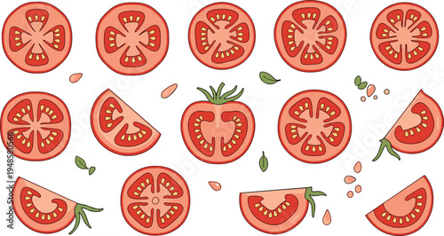 Set of hand drawn fresh red tomato vectors featuring round slices wedges and halves with seeds and green leaves isolated on white background for culinary designs.