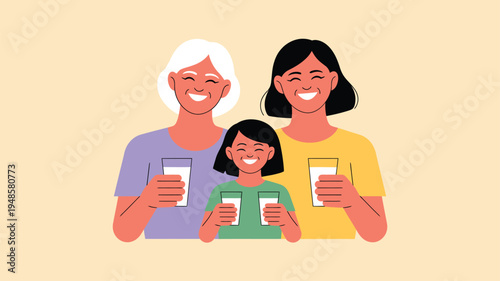 Three generations women holding milk glasses