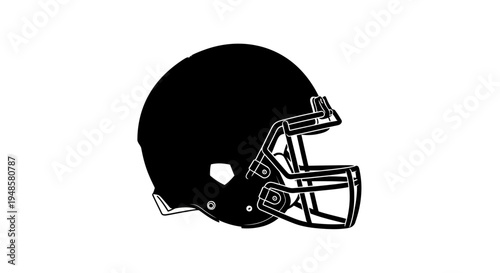 Black American Football Helmet Silhouette, Sport Equipment Icon, Isolated on White Background