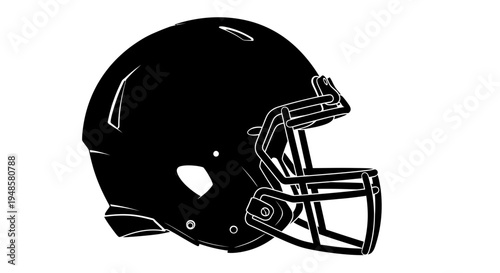 Black American Football Helmet Silhouette, Isolated on White Background