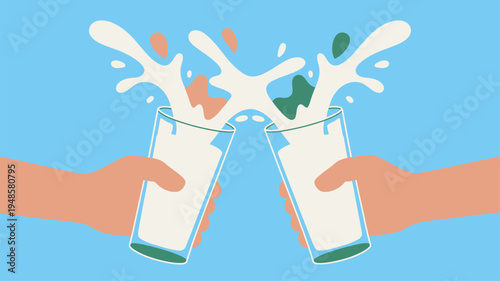 Toasting milk glasses hands splashing beverage vector