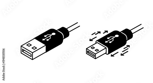 USB Connector Icon Set: Standard and Wiggling Cable End