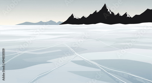 Vast Frozen Landscape with Jagged Mountains and Cracked Ice Surface