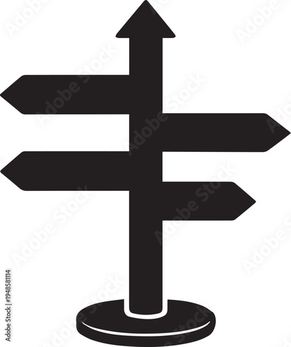 A black silhouette of a signpost featuring multiple directional arrows pointing in many directions