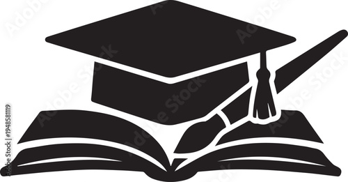 A minimalist black and white icon featuring a graduation cap resting on an open book with a brush