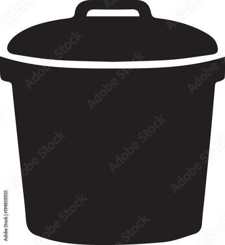 A minimalist black silhouette icon of a simple lidded trash can for waste management and disposal