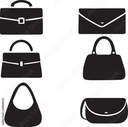 A collection of six distinct black handbag and briefcase silhouettes isolated on a white background