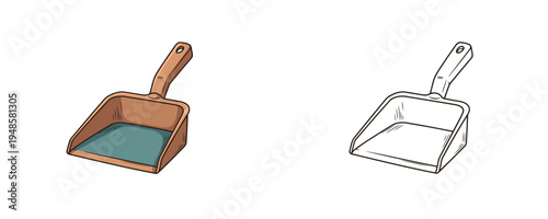 Dustpan illustration in flat cartoon and linear styles brown and teal colors household cleaning tool for waste collection and domestic housework on white background