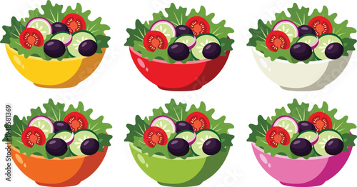 Vector illustration set of six healthy vegetable salads in colorful bowls with lettuce tomato cucumber olives and onion for nutrition and restaurant branding desig