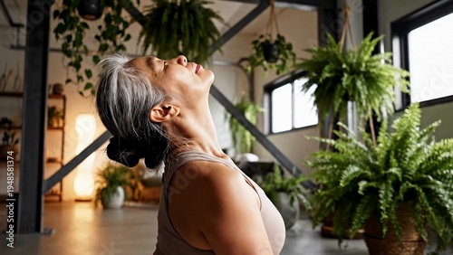 Woman practicing yoga in a bright indoor studio, head tilted back in a gentle backbend, calm focused mood with lush green plants and soft natural light