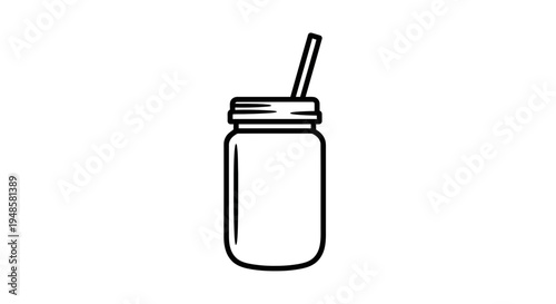 Simple Line Art Icon of a Mason Jar with Straw