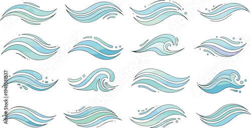 Set of hand drawn ocean wave vectors with blue and turquoise water ripples and sea foam elements in a stylized decorative line art style isolated on white background.