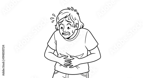 Person in distress holding stomach, sweating, looking worried about pain or illness.