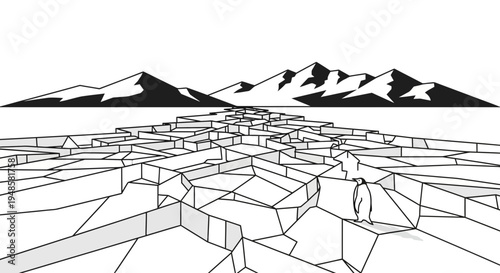 Penguin on Cracked Ice Floe with Mountains in Background