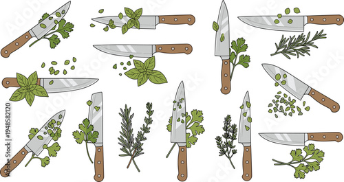 Set of professional kitchen knife vectors with fresh green herbs like rosemary and parsley in a hand drawn rustic style isolated on white background.