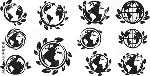 Earth Globe Icons with Leaves on White Background Illustration