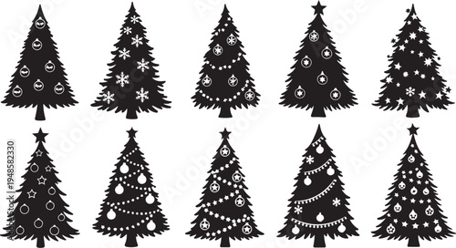 Black and white Christmas trees with various decorations