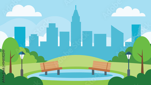 Two wooden benches facing a pond in a green city park with street lamps and a blue urban silhouette behind.