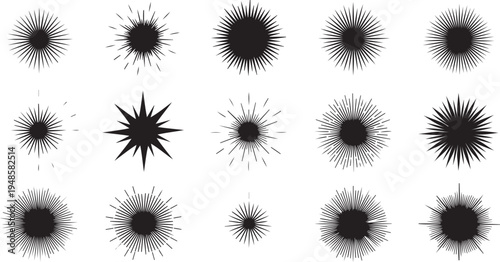Collection of various black burst explosion graphic design elements