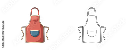 Kitchen apron illustration in flat cartoon and linear styles red and blue colors protective garment for cooking and household housework on white background