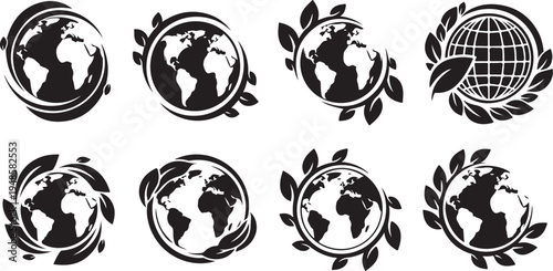 Earth Globe Icons with Leaves and Laurels Symbols