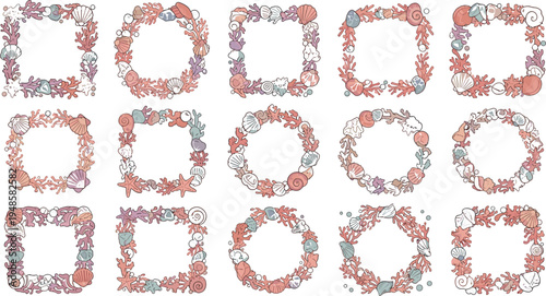 Collection of hand drawn nautical wreath and border frames featuring seashells coral starfish and marine life elements in soft pastel colors isolated on white background.