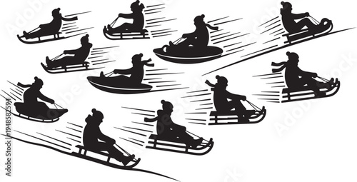 People Sledding Down a Snowy Hill in Winter Fun