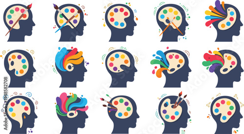 Creative art and imagination vector set featuring human head silhouettes with colorful paint palettes and brushes representing inspiration and artistic thinking isolated on white background.