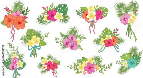Collection of tropical flower bouquet vectors featuring hibiscus orchids and palm leaves in vibrant colors for summer wedding designs isolated on white background.