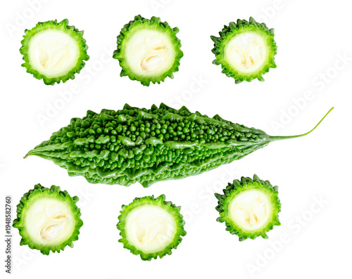 Top view set of green bitter gourd or bitter melon with slices scattering isolated with clipping path in png file format