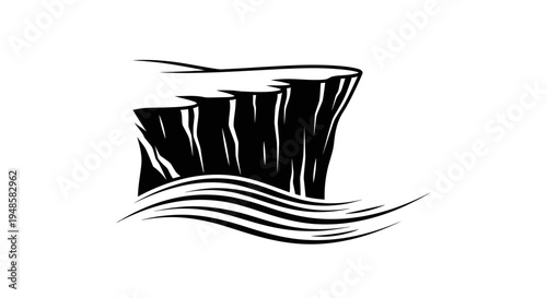 Dramatic Cliff Edge Overlooking Stylized Waves, Black and White Graphic