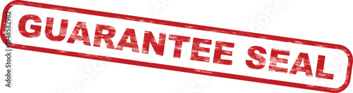 Red and white guarantee seal stamp with bold text