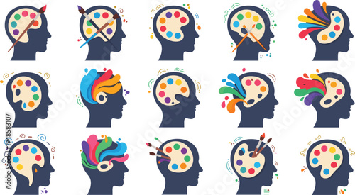 Creative art and imagination vector set featuring human head silhouettes with colorful paint palettes and brushes representing inspiration and artistic thinking isolated on white background.