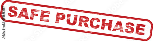 Red distressed stamp text saying safe purchase on white background