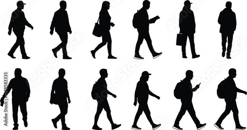 Black silhouette of people walking and commuting for urban lifestyle city pedestrian crowd architectural rendering community diversity and everyday life activity