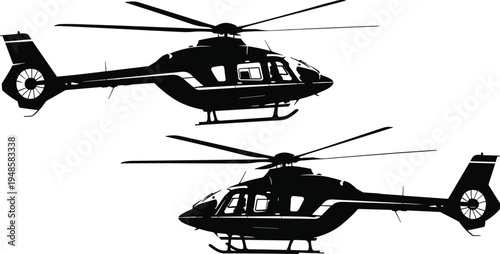 Black silhouette of two modern helicopters flying in the air isolated on white background for aviation transportation and rescue mission concept