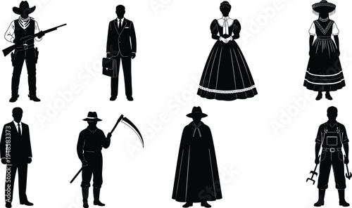 Black silhouette set of diverse characters including cowboy with rifle, businessman, elegant Victorian woman, grim reaper, mysterious cloaked figure, and farmer