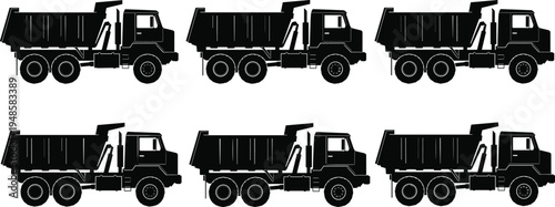 Black silhouette of heavy dump trucks for construction industry and mining logistics including cargo transportation and building site machinery equipment fleet