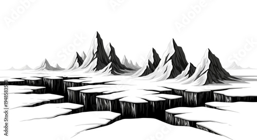 Cracked Ice Field with Jagged Mountains in Black and White