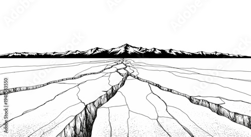 Cracked Ice Field with Distant Mountains, Black and White Landscape
