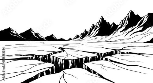 Cracked Ice Landscape with Jagged Mountains - Black and White