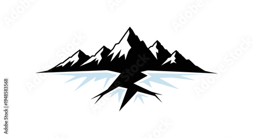 Cracked Ice Reflecting Jagged Mountain Peaks, Winter Landscape