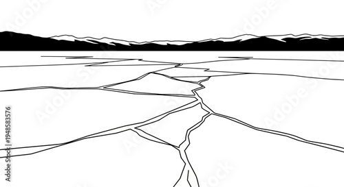 Cracked Ice Surface with Distant Mountains and Black Sky - Black and White