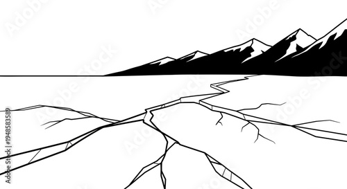 Cracked Ice Surface with Mountain Range Background